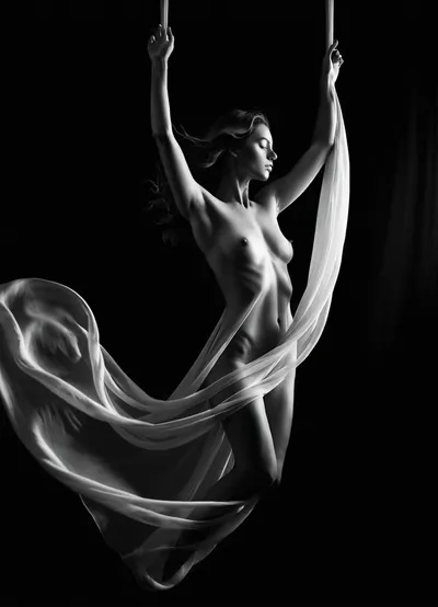 A black and white fine-art nude photography-style image of a woman suspended within flowing, sheer silk fabric that lifts and holds her in midair. The delicate, translucent material wraps around her body, contouring her natural form while creating