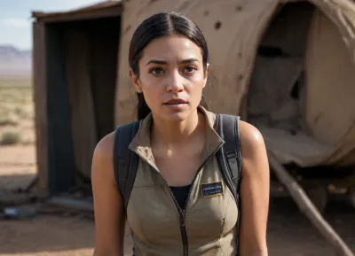 After her spacecraft crashed Alexandria Ocasio-Cortez had to survive on the surface of an alien planet characterized by long flat plains, three moons, and swarms of locusts. She had to strip the old craft for parts and use them to build a makeshift fort to survive, her old clothes are in tatters and dirty, she stands looking out of her doorway at the landscape, detailed gorgeous face, messy hair, wet body, key visual, intricate detail, highly detailed, breathtaking, vibrant, panoramic, cinematic