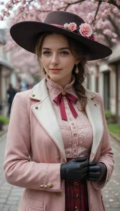 A tall, exquisitely elegant woman of the Victorian era, dressed in a very long fitted peach-colored coat with a high collar, leather gloves and a wide-brimmed hat. She is strolling along cherry blossom Street in spring Tokyo, bathed in soft diffused light that creates a steampunk atmosphere. Cherry blossoms, The atmosphere of spring, joy, happiness, kindness, a masterpiece composition