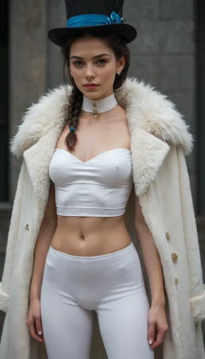 ((an 18-year-old, very fit, very athletic, slender, white woman with blue eyes, wearing a tall top hat, a fur cape, tight pants and a bandage on her chest, with short black hair braided))