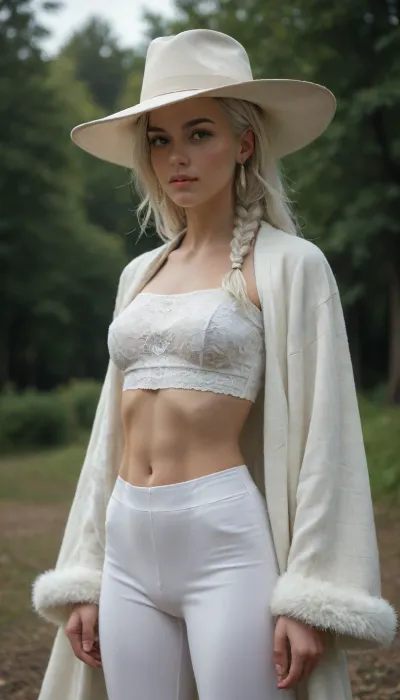 An 18-year-old, very fit, very athletic, slender, white woman with blue eyes, wearing a tall white hat, a white fur cape, tight white trousers and a white bandage on her chest, with short white hair braided