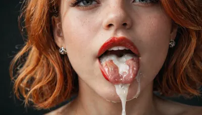 (Macro photo), (extreme close up:1.2), front view, Photorealistic, high resolution, professional photography, close-up of lips, zoom in on lips, red lipstick, excessive cum on tongue, short smooth ginger bobcut hair, topless, cum dripping from chin, tongue sticking out, black background.