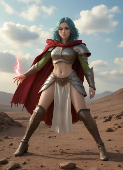 Elven woman with striking green skin and impossibly long sky-blue hair that flows past her waist. She wears light metallic armor with intricate patterns, paired with high brown boots. Her elven ears are clearly visible above her hairline. The armor consists of lightweight plates that allow for easy movement, designed with both functionality and elegance in mind.

Her face features high cheekbones and a sharp jawline characteristic of elvenkind. Eyes are large and expressive with a luminous jade-green hue, perfectly arched eyebrows framing them. Lips are naturally full, with a healthy pink tone. Her expression is calm yet determined, suggesting confidence and readiness.

The fabric of her cloak moves gently in the desert breeze, showing realistic folds and texture. Armor details include etched runes and fine craftsmanship, reflecting moonlight subtly. Hair strands catch the sunlight, creating natural highlights while maintaining its ethereal blue color. Every detail from fingernails to toe caps shows meticulous attention to realism and fantasy elements combined., bloodmagic, swirling, blood, magic, hannahowo, greg, rutkowski, <lora:greg_rutkowski_xl_2:2>