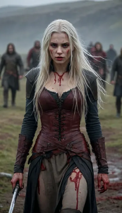young 21-year-old girl with long white hair covered in blood walking on a battlefield with a knife in her hand in the Scottish islands, medieval setting, realistic style, detailed landscape, soft lighting, dramatic atmosphere, dead soldiers scattered everywhere, foggy morning, detailed faces, perfect anatomy, clear focus, photorealistic quality, resolution 8k, intricate clothing details, natural surroundings, dark colors, expressive face, loose hair, delicate facial features, tragic expression, cold weather effects, bloodstains on the ground, destroyed armor parts, broken weapons, realistic physics, cinematic composition, masterfully drawn art Covered in blood, 80shorror, everywhere, background, bleeding, vessel, vampire, sharp, fangs, bloodyface, <lora:lora-bloodyface-lite:.6>