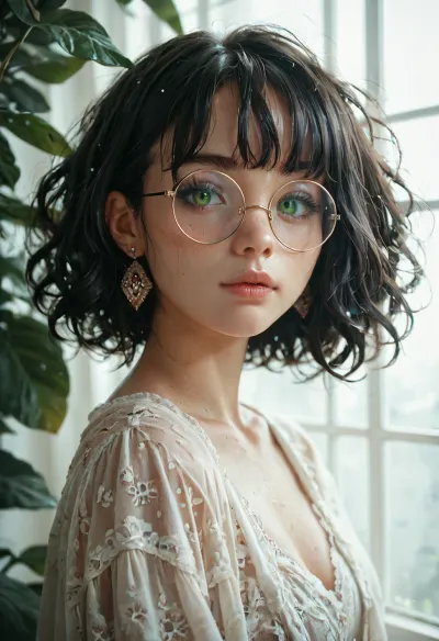 score_9, score_8_up, score_7_up, score_6_up, 1girl, pretty girl, green eyes, black bangs, round glasses