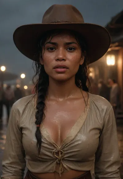 (sweaty wet oiled skin), Filipino Bengali woman with wavy tied hair wearing rdr 2 style 1899 cowgirl outfit in wild west setting with clothed European and african tourists holding her at night sweating a lot and getting wet in rain, raining atmosphere, (uneven skin tone), ((magazine title cover page, sweaty wet skin edition))
