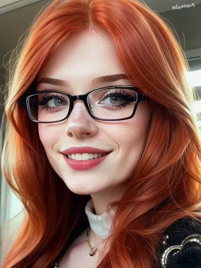 Close-up portrait. Russian girl, e-girl, 25 years old, natural redhead, long eyelash, lovely smile, long straigh hair. nerd big glasses with thick frame, Cinematic, warm light., 3g1rlmak3up, eyeliner, nose, freckles, lipstick, caricature, <lora:3g1rlmak3up:.5>, <lora:caricature_v2:.5>
