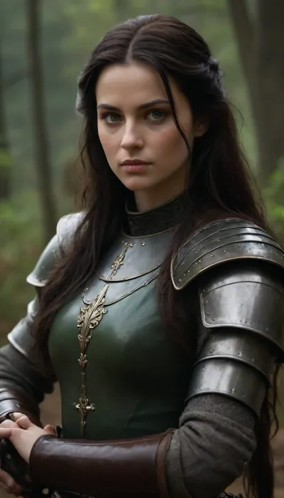 Lady Sarah, a renowned French knight in 1440, is a fierce and captivating figure, both revered and feared across the land. Tall and statuesque, she carries an aura of strength that is apparent in every step she takes. Her long, dark hair cascades in waves down her back, often tucked into a warrior’s helm or flowing free in battle, giving her a striking presence. Her eyes, a piercing shade of green, seem to gleam with the fire of someone who has faced countless perils and emerged victorious.

But beyond her physical beauty, it is her skills as a fighter that truly set her apart. Trained in the arts of combat from a young age, Lady Sarah is an expert swordswoman, skilled in both longsword and dagger. She fights with an elegant yet deadly precision, each movement a testament to her years of practice. Her agility and strength are unmatched, allowing her to take down foes far larger than herself. Her prowess is not limited to swordplay—she is also skilled with a bow, able to strike with deadly accuracy even from a distance. When it comes to facing beasts or bandits, she is as fearless as any knight, often setting out alone into the dangerous, wild countryside to hunt down those who terrorize the innocent.

Yet despite her martial excellence, Lady Sarah is not simply a warrior. Her beauty is renowned in the courts and villages she passes through, and it often becomes a tool she uses to her advantage. Her allure is irresistible, and she knows how to wield it to disarm even the most hardened men. With a sly smile and a beguiling glance, she can sway both friend and foe, though she never lets her charm overshadow her determination. However, those who underestimate her are often met with a swift, harsh lesson.

A scar runs across her left cheek, a lasting reminder of a fierce battle with a rival knight during her early years. It is a mark of both her resilience and her past, a reminder that even the most beautiful and graceful warrior is not immune to the brutality of the world she faces. As she roams the French countryside, Lady Sarah's legend grows—a seductive and powerful force, unmatched in both beauty and skill, with a heart that burns fiercely for justice and the thrill of battle.