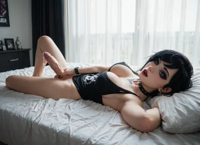 18yo woman, slim, petite, busty, lying on back, on a bed, with side-swept bangs, incredibly long penis, cum, masturbating, looking at viewer, full body, score_9, score_8_up, (emo), futa, <lora:pink-emo-sx:.6>, <lora:SDXLlora13ErFut:.4>