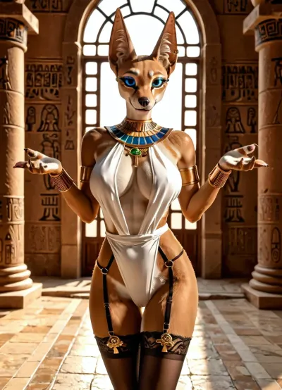 female jackal, (((furry))), Egyptian jackal goddess, top.less, big breasts, slim body, cute big eyes, attractive leggy pose, shows off body, perfect glutes, smile, seductive, slim legs, stockings HD Roberts style art