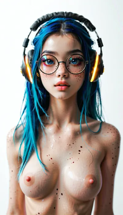 (young gorgeous asian woman:1.4), (((topless))), (bright ice blue eyes:1.4), long straight blue hair, (long black eyelashes), freckles, (((moles pimples spots all over body))), alone, ((skinny)), 18 years old, (drooping drop big breasts hanging down compression chest squeezed between elbows), nude, Beautiful face, (simple makeup), long hair, hair, Portrait, Standing, (((big thin round glasses))), (((gaming headphones RGB backlight)))