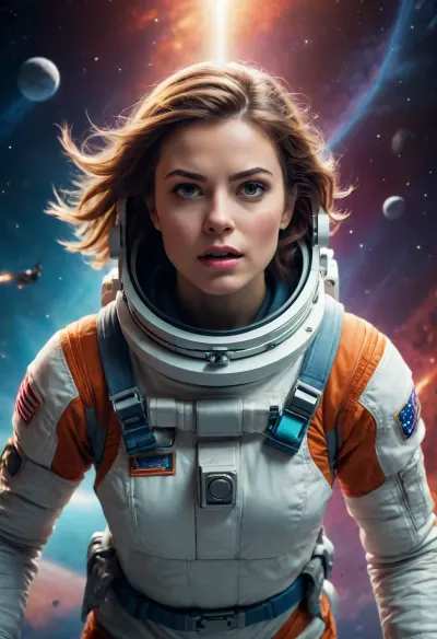 GLAMOUR SPACE FILM POSTER, WOMEN ASTRONAUT, IN THE STYLE OF EPIC MOVEMENT, ANGRY, HUNGRY, DYNAMIC COMPOSITION, CINEMATIC COLOR GRADING, STUNNING, PHOTOREALISTIC, CHAOTIC ACTION, INTENSE EMOTION.