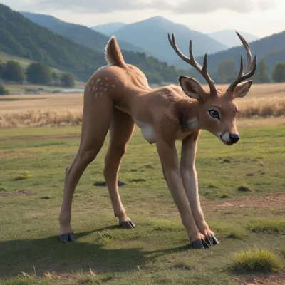 A nude slim female deer with huge natural breasts, (pierced nipples), field, slender, small body, petite, dark fur, grey fur, abs, ripped, (((fur on arms, fur on legs, fur on skin))), (standing on all fours), ((hooves)), (full body view), deer_hybrid, furry, (erect), veins, pump, up, (hooves for feet), (hooves for hands), <lora:veins pump up lora.TA_trained:1.1>, head up