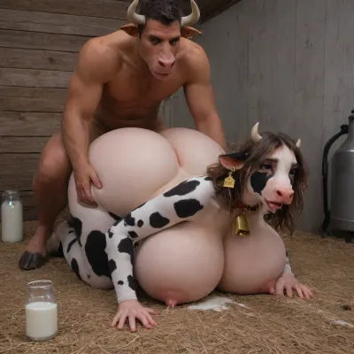 1 man, vaginal sex, (anthro cow woman:1.5), sexy anthro cow woman fucked by a man while being milked, anthro cow face, (hucow:1.5), (((huge tits))), cow hooves, cow horns, cow bell, ((huge ass:1.5)), (very curvy), lactating, cowbell collar, stables, (milk machine:1.5), ((milk pump)), suction cup on her nipples, milked, horny, orgasm, on all fours on the floor, big cock, hands and feet tied to the floor, fucked by the farmer in doggy style, creampie, doggystyle, from, behind, human, on, anthro, feral, <lora:SDXL_Human_Male_Furry_Female:.5>