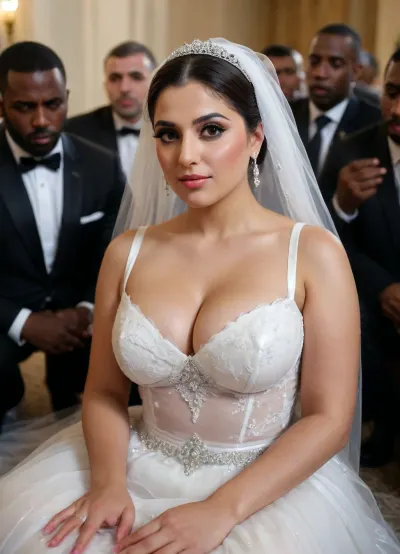 a close up image of Iranian curvy bride face in a sexy and erotic and elegance white plastic transparent wedding dress, one boob is exposed with her hand, sitting on the ground, in the middle of a group of black men, sad face, black men are happy.