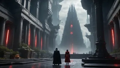 uber realistic image, fullcolor image, full body view, 8K quality, ultra detailed, masterpiece, Capital Darck Imair, Dromund-Kaas, citi, a giant dark futuristic city, super skyscrapers, a temple of the Dark Side, the Imperial Palace, everything has the imprint of the dark side of the force, (not Darth Vider)