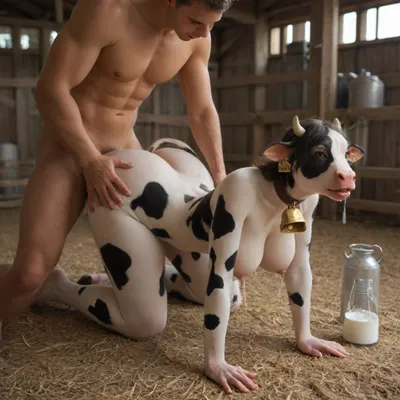 1 man, vaginal sex, (anthro cow woman:1.5), anthro cow face, (hucow:1.5), huge tits, cow hooves, cow horns, cow bell, huge ass, very curvy, lactating, cowbell collar, stables, milk machine, milk pump on her nipples, milked, horny, orgasm, on all fours on the floor, big cock, hands and feet tied to the floor, fucked by the farmer in doggy style, creampie, doggystyle, from, behind, human, on, anthro, feral, <lora:SDXL_Human_Male_Furry_Female:.5>