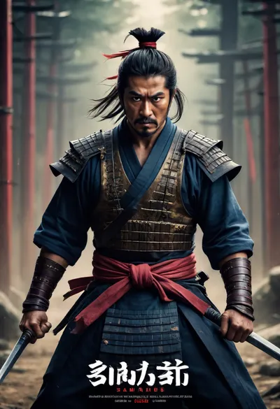 GLAMOUR SAMURAIS FILM POSTER, SAMURAI, IN THE STYLE OF EPIC MOVEMENT, ANGRY, HUNGRY, DYNAMIC COMPOSITION, CINEMATIC COLOR GRADING, STUNNING, PHOTOREALISTIC, CHAOTIC ACTION, INTENSE EMOTION.