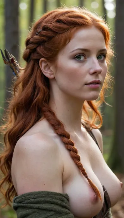 In the midst of Sherwood Forest, there exists a legendary figure, a red-haired female archer, as elusive and cunning as her male counterpart. Standing at an average height, her fiery hair cascades down in loose waves, the color of freshly fallen autumn leaves. A stray curl often escapes her tightly bound, practical braid, framing her sharp, freckled face. Her green eyes, the color of the forest after rain, are always alert, scanning the surroundings with a mix of mischief and determination.

Her skin, kissed by the sun, bears the marks of many days spent in the wild—tanned but strong, the skin toughened by both the wind and the trials of forest life. Her lips, often pulled into a sly grin, betray her playful yet fearless spirit. The hardened expression of a woman used to hardship softens only for her comrades, where her confidence shines through.

She is competely naked, wears no tops, exposing her small breasts, show pussy, show breasts.

Her boots, worn but functional, are high enough to protect her from brambles but flexible enough for rapid footwork on rugged terrain.

On her hands, she wears a pair of fingerless gloves, allowing her to grip her bow with ease. Her bow itself, crafted from sturdy yew, is slung over her back along with a quiver of arrows, each fletched with a feather of bright red—her own signature mark. A small knife, sharp and efficient, rests at her waist.

Her presence, marked by her red hair and striking attire, makes her a feared and admired figure in both the woods and among the oppressed. To those who stand for justice, she is a symbol of hope. To her enemies, she is a shadow in the trees, too swift and elusive to capture.