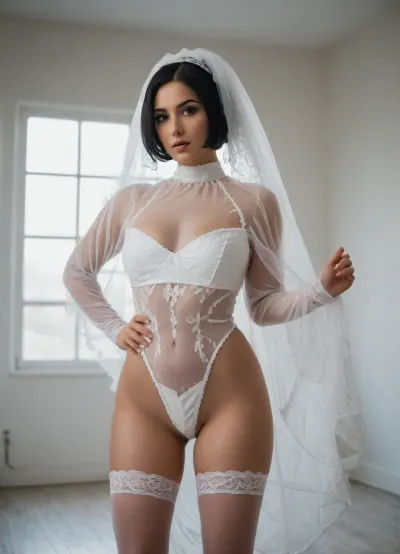 a 35mm film camera image of a white curvy Iranian bride in a porn studio, pro lighting, pose like fashion model, black sleek hair, bride wear white slutty bodysuit, and sheer wedding dress, white, thighhighs, (short, hair:1.7), hair, on, one, eye, frills, puff, sleeves, (white, bridal, dress, veil:1.5), <lora:Nier_Automata_2B_White_Wedding_Dress_Bride_Cosplay_Realistic_LoRA:.5>