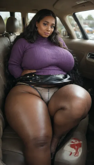 (Obese:1.3), (very large full fitting panties:1.6), Very chubby 21 year old indian woman sitting in a car, (long black straight hair:1.6), busty, (brown skin:1.6), slutty, (leather skirt:1.6), purple sweater, (fat legs:1.5), (pantyhose over briefs:1.6)