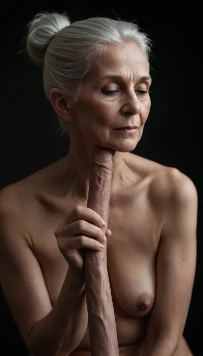 hyper realistic, hdr, high contrast, frontal view of a naked elderly woman with silver hair tight in a bun. she is looking down on a strangely shaped thin very long erect yet flexible fleshy penis she is holding in her hands. she has an aroused expression on her face and the light is soft and atmospheric
