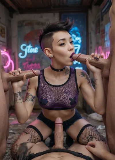 score_9, score_8_up, score_7_up, (UHD 8K, masterpiece, best quality, maximum details, night time, extreme realism, cinematic still), (neon lights), (((Asian))), beautiful 21 years old asian girl, (messy living room), (graffiti), black hair, (((undercut hair))), short hair, brown eyes, pointy breasts, (mesh crop top), purple nipple tape, (leather booty shorts), fishnet thighhighs, black combat boots, leather choker, skinny, pale skin, ((tattoos)), ((purple lipstick)), black manicure, kneeling, ((multiple muscular men)), (multiple big penises), ((blowjob:1.3)), (handjob), (gangbang), (pov)