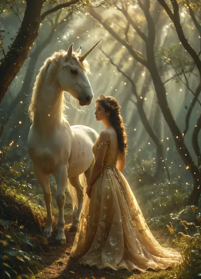 The beautiful shepherdess now stands closer to the unicorn, gently stroking its velvety muzzle. Her dress, slit at the side, flows with the wind, revealing her smooth legs as she kneels beside the mythical creature. The unicorn’s eyes glow softly, and its spiraled horn emits a faint, golden shimmer, illuminating the fog around them. Ancient trees loom in the distance, their branches barely visible through the mist. Fireflies and tiny glowing particles dance in the air, making the scene feel like a dream. The bond between them is undeniable—one of trust, magic, and destiny. qingsha, AncheReddressgirl, <lora:TQ_-_Beauty_and_Unicorn_XL-000006:.5>, <lora:AnchemixReddressgirl-V1:.5>