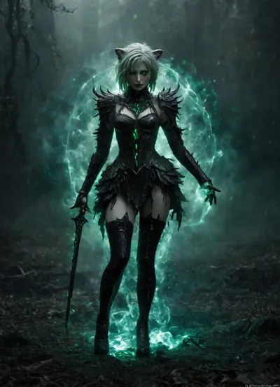 Full length, body shot, Sylvina, (AFK_Journey), young woman, pale tan skin, corpse like complexion, pale green hair, straight hair, short hair, bright green glowing eyes, thin arms, silver gauntlets, thin legs, ripped up tights, silver boot armor, streaked hair, no makeup, dark green scarf, dress with short frilly skirt, armor skirt, holding two daggers, glowing green daggers, in a field, pale green fog, standing, one leg in front of the other, large dark green horns, horns go straight up, dark green dress, upper arms are bare, bare shoulders, rib like pattern, bright green frill, daggers in hands, pale, skin, novuschroma, style, hkdeath, DonMD34thM4g1cXL, Rainbowiridal, Spiral, rainbowiridal, eyes, palette, Shiny..., Bright..., Intense, gaze, Fire, dragon, Amber, cat, Anthro..., woman, Genetically, modified..., <lora:Pale_Skin_SDXL_v1.0:1.5>, <lora:107_novuschromaSXL_a5:1>, <lora:LivingDeathXL:1>, <lora:DonMD34thM4g1cXL_v3.0-000015:1>, <lora:Stunning_eyes_2:1.5>