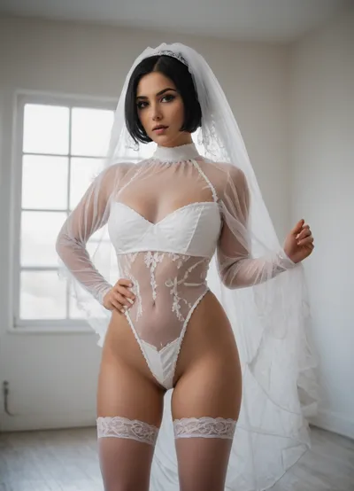 a 35mm film camera image of a white curvy Iranian bride in a porn studio, pro lighting, pose like fashion model, black sleek hair, bride wear white slutty bodysuit, and sheer wedding dress, white, thighhighs, (short, hair:1.7), hair, on, one, eye, frills, puff, sleeves, (white, bridal, dress, veil:1.5), <lora:Nier_Automata_2B_White_Wedding_Dress_Bride_Cosplay_Realistic_LoRA:.5>