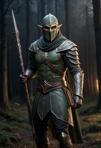 Uber realistic, 8k, ultra detailed, masterpiece, mature male elf warrior, army green elven armor, holding spear in right hand, forest, full_helmet, closed_helmet, visor, (face covered:1.5), (night:1.8)