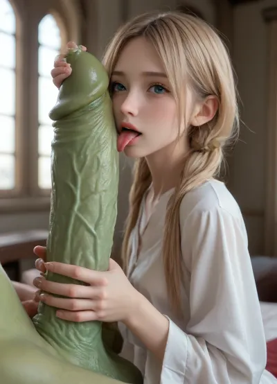 (giant green goblin), with, (giant green veiny cocks:1.6), ((skinny scandinavian princess)), in her bedroom, (licking cocks:1.7), (long blonde tall pigtails:1.4), ((skinny butt:1)), ((skinny legs:1)), full body. a second man with a massive cock is fucking her pussy