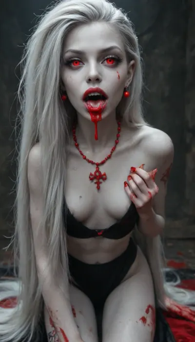 1 girl vampire, (showing vampire fangs:1.3), bloody hands, (big thick lips:1.1), (blood dripping from mouth:1.2), (small thin face:1.3), (silver hair:1.2), (extremely long hairstyle:1.3), (long revealing black clothing:1.2), (grey skin:1.3), (dimples), (very long thick eyelashes:1.2), (red eyes:1.1), (fit body:1.2), collarbones, (multiple big red necklace:1.3), (earrings:1.1), (sexy small breasts and belly:1.3), (small waist:1), (tiny erect nipples:1.2), (bubble butt:1.2), (thick thighs:1.4), (long legs:1.3), (multicolour hair:1.2), (beads in hair:1.3), (nude:1.2), (full body view:1.3), (full thigh tribal tattoo:1.3), (piercing:1.2), (perfect eyes:1.4), 8k, undead wasteland at night
512/3000