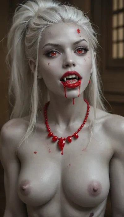 1 girl vampire, (showing long vampire fangs:1.3), bloody hands, (big thick lips:1.1), (blood dripping from mouth:1.3), (small thin face:1.3), (white hair:1.2), (long japanese hairstyle:1.3), (grey skin:1.3), (dimples), (very long thick eyelashes:1.2), (red eyes), (muscle body:1.2), collarbones, (multiple big red necklace:1.3), (earrings:1.1), (sexy medium breasts and belly:1.3), (small waist:1), (small erect nipples:1.2), (bubble butt:1.2), (thick thighs:1.6), (long legs:1.3), (multicolour hair:1.2), (beads in hair:1.3), (nude:1.3), (full body view:1.3), (full thigh tribal tattoo:1.3), (piercing:1.2), (perfect eyes:1.4), 8k, vampire castle at night, 512/3000