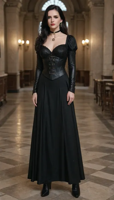 yennefer of vengerberg from witcher 3, black fur around neck, black corset with gold accents, long black leather sleeves. Black leather gloves with gold accents, black long skirt with gold accents, black choker with a pendant around her neck, black long high heels boots, outfit in a Renaissance style
