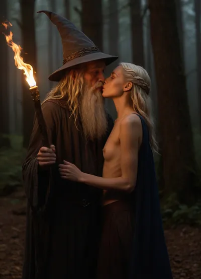 Lord of the rings, wide shot of unequal couple, a submissive elven woman, (flat chested:1.6), blonde dreadlocks, perfect face, blue eyes, is kissing old pervert Gandalf the Grey, who is wearing his typical costume and hat. flaming torch, mysterious old foggy forest by night!, Gandalf1024, <lora:Gandalf1024-000155:.5>