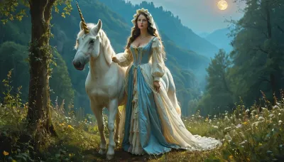 uber realistic image, fullcolor image, full body view, 8K quality, ultra detailed, masterpiece, dark fantasy, night, full moon, many glowing multi-colored flowers, Beautiful French shepherdess, 14th century, very thin figure, large massive breasts, long loose hair, dressed in a peasant dress with open pliches, breasts protrude high from the bodice of the dress, met a white unicorn with a golden horn on the edge of the forest romanticism, whole body in frame, whole body visible, whdbd, blue, dress, jewelry, necklace, bonnet, long, sleeves, bow, lace, trim, frills, pantyhose, <lora:whdbd XL:.8>, <lora:TQ_-_Beauty_and_Unicorn_XL-000006:.8>