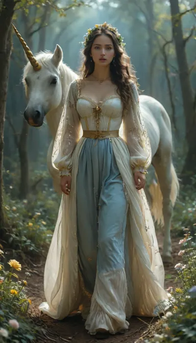 uber realistic image, fullcolor image, full body view, 8K quality, ultra detailed, masterpiece, dark fantasy, night, full moon, many glowing multi-colored flowers, Beautiful French shepherdess, 14th century, very thin figure, large massive breasts, long loose hair, dressed in a peasant dress with open pliches, breasts protrude high from the bodice of the dress, met a white unicorn with a golden horn on the edge of the forest romanticism, whole body in frame, whole body visible, whdbd, blue, dress, jewelry, necklace, bonnet, long, sleeves, bow, lace, trim, frills, pantyhose, <lora:whdbd XL:.8>, <lora:TQ_-_Beauty_and_Unicorn_XL-000006:.8>