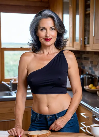 beautiful sexy slender 42 year old Woman, Black/grey hair, detailed Face, high quality Face, lipstick, milf curvy, Smiling at me, 35mm picture, 8k, braless, Wearing, clothes, that, make, sense, with, Braless>, <lora:bralessSDXL_v1_00022:.5>, Hot day, in my cozy Wood kitchen, coffee, bread, breakfast, (((the top slipped off one shoulder))), full body view