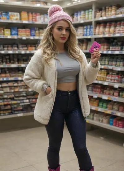 Front view, upskirt view, supermarket, supermarket shemale customer stands in front of shelf with drugstore articles, holding two condom packages in left hand, looking at viewer, tall customer, muscular athletic body, perfectly rounded apple sized sexy ass, (big lateral penis bulge under leggings:1.3), medium sized penis, semi erected penis lays on thigh under leggins, semi erected penis covered by leggings, stunning beautiful face, gorgeous super model face, subtle make up, ful lips, bright red lipstick, blonde hair, (black glitter leggins:1.9), (black leggins:1.3), skintight shiny black leggings, beige camel boots, beige boots, white socks pushed down, jeans jacket, (open jeans jacket:1.3), grey hoodie, jeans jacket over hoodie, hoodie under jeans jacket, (beige pom pom hat:1.3), bobble hat with pom, shiny background, fine art photography lighting, ultra realistic, highly detailed, vivid colors, detailed photo, hdr photo, realistic photo
