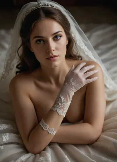 A nude bride laying toward the camera in a foreshortened perspective, hands with sheer white lace gloves reaching forward, fingers elegantly stretched, bridal tiara shining softly, long lace veil flowing backward, body curves emphasized by soft directional lighting, intimate fine art nude mood with high attention to hand and finger anatomy.