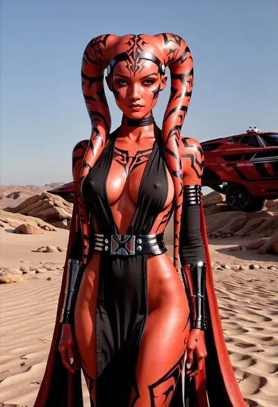 Uber realistic, 8k, ultra detailed, masterpiece, (beautiful_face:1.5), (darth_talon:1.5), star wars, (twilek:1.5), (red_skin:1.5), bald, (large_breasts:1.5), full_body, (head_tails:1.5)