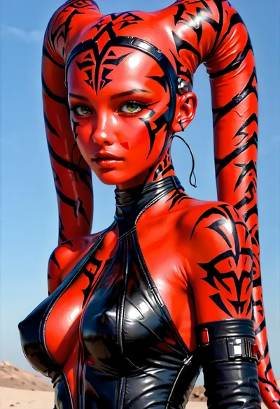 Uber realistic, 8k, ultra detailed, masterpiece, (beautiful_face:1.5), (darth_talon:1.5), star wars, (twilek:1.5), (red_skin:1.5), bald, (large_breasts:1.5), full_body, (head_tails:1.5)