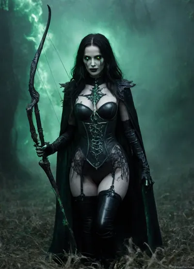 Full length, body shot, Bonnie, (AFK_Journey), woman, pale skin, scarred skin, corpse like complexion, black hair, long hair, wavy hair, bright green glowing eyes, thin arms, long arms, holding a skeletal longbow, thigh high black leather boots, bare thighs, long black gloves, streaked hair, black lipstick, black bycocked hat on head, strapless black leather leotard, black necklace with an anchor, black leather shoulder pads with green frills, large black pirate coat worn as a cape, frilled cups, in a field, pale green fog, standing, skeletal motif, skeletal aesthetic, scars all over, bright green undercoat, extremely visible scars, bare arms, pale, skin, novuschroma, style, hkdeath, DonMD34thM4g1cXL, Rainbowiridal, Spiral, rainbowiridal, eyes, palette, Shiny..., Bright..., Intense, gaze, Fire, dragon, Amber, cat, Anthro..., Genetically, modified..., <lora:Pale_Skin_SDXL_v1.0:1.5>, <lora:107_novuschromaSXL_a5:1>, <lora:LivingDeathXL:.5>, <lora:DonMD34thM4g1cXL_v3.0-000015:.5>, <lora:Stunning_eyes_2:1.5>