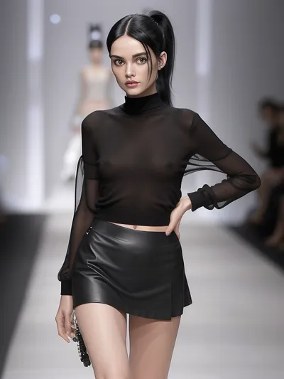 Vogue Runway, Minimalistic full-body shot of a young, pretty woman with black hair in a ponytail, wearing an oversized, long-sleeved, tight-knitted transparent black top and a short skirt decorated with silver pearls, (walking on the runway in the style of Vogue), with, pokies, <lora:pokies_9:.5>