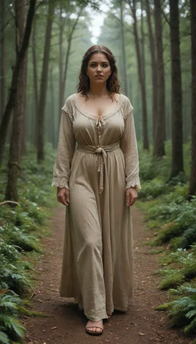 beautiful curvy peasant woman, 40 year old, in simple peasant clothes walking through the forest, holding a candle in front of them, at arm's length. The candle shines brightly, illuminates the dense thicket far away, the forest is dense, old, dark, and immediately becomes impassable from the edge. The candle picks out crooked trunks and branches from the darkness, and in its light, ancient forest monsters with moss-like beards, gnarled fingers, wrinkled bodies, and bowl-shaped eyes that glowed yellow in the darkness can be seen behind the trees. They try to grab the woman by the hem of her dress, cling to her hair, entangle her legs with roots, but the woman goes forward, past the driftwood, past the small, nimble creatures that ran across her path, past the creeping reptiles., ral-mytfrst, <lora:ral-mytfrst-sdxl:.5>