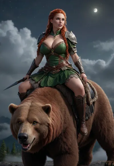A dwarf, large breasts, long red braided hair, hair hanging over shoulder, wearing a dwarf armor from the Army of the Rings, bright green eyes, riding on the back of a large grizzlybear, is very promiscuously dressed, at night, clouds, bright moon, bright stars, 8k, hyperreallistic, <lora:220437_training_data:.5>, <lora:Venus_Body_Alpha:.5>