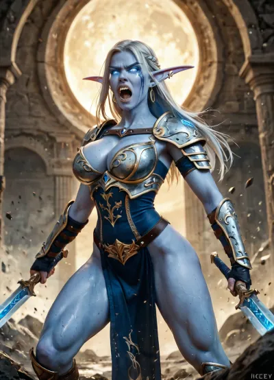 a tall athletic undead very busty elven warrior wearing utilitarian plate armor with no clothing underneath, (extremely long pointy night elf ears), she is slaughtering many orcs, dynamic side view, dynamic action combat pose, stern face, yelling, angry, slim waist, thigh gap, dual wielding elven weapons, icey skin, glowing eyes, blue skin, <lora:788512_training_data:.5>