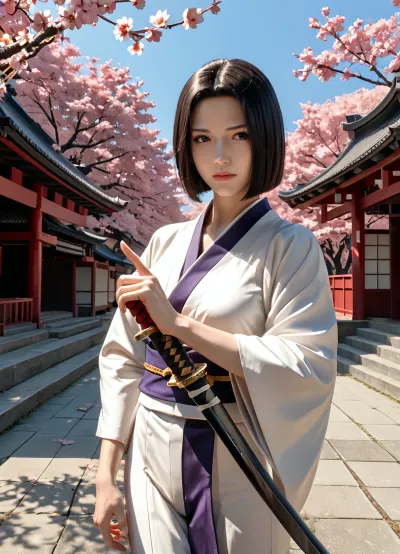 Japanese female warrior with perfect face and body, dark hair, in typical samurai uniform, outdoors, in a Japanese landscape near Mount Fuji during cherry blossom season, with drawn samurai sword in attack position, a samurai sword in her hands, perfect hands, perfect finger, (5 Finger)