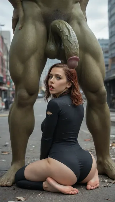 Fantastic detail, masterpiece, 4k image, detailed backgroumd, Downtown new york, skyscrapers damaged, chunks of concrete, concrete encrusted rebar, devestation, damaged infrastructure, building debris, the incredible hulk, 1 male, (bulky muscular hulk), standing over 1 female Scarlett Johansson whom is thigh sitting, (wide his:1.4), (black full bodysuit), testicles against her face, huge testicles, huge penis, veiny penis, perfectly round ass, scared, fearful, worried, shocked, <lora:sc_joha_v2:1.5>, <lora:add-detail-xl:2>, <lora:Freestyle_Styleme-000009:.9>